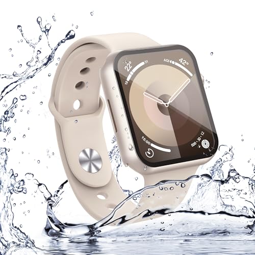 Image of Misxi [2 Pack Waterproof Anti-Scratch Case with Button for Apple Watch Series 9 Series 8 Series 7 41mm, Hard PC Cover with Tempered Glass Screen Protector for iWatch, Starlight
