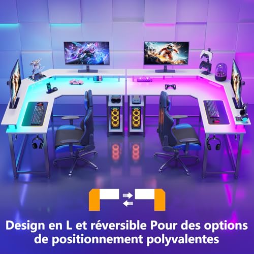 Bureau gaming d'angle blanc réversible de 135 cm avec éclairage LED immersif - 4