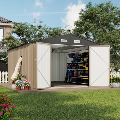 Devoko 10x12 FT Outdoor Storage Shed, Large Metal Storage Sheds with Lockable Door, Utility Garden Tool Shed with Sloping Roof, Outside Steel Storage Sheds for Patio Lawn Backyard, Brown