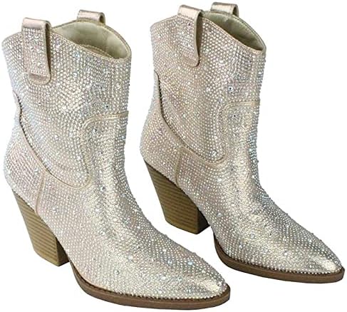 Forever Women's Rhinestone Block Heel Ankle Boots River-01 Champagne 10 | Image 6