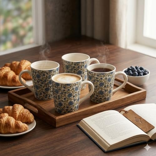 Image of miah decor Stoneware Coffee Mugs Set of 4 | Blue Floral Ceramic Tea & Coffee Cups | Microwave & Dishwasher Safe Mug Set | Food Safe Ceramic Cups for Coffee, Tea, Hot Chocolate & Bake Serve
