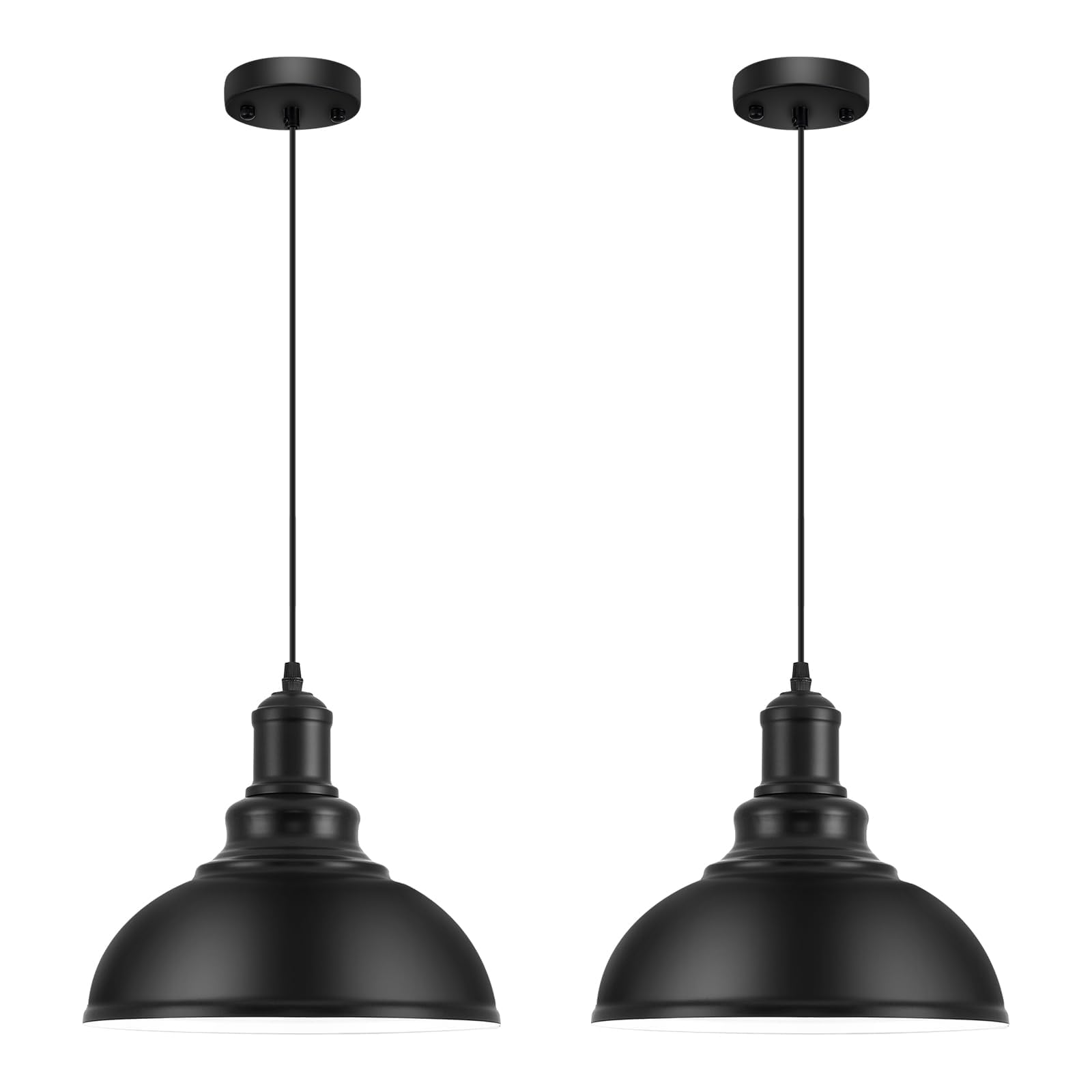 MgLoyht 2PCS Matte Black Pendant Lights, Farmhouse Pendant Lamp with Metal Shade (White Inside), Industrial Pendant Lighting for Kitchen Island, Dining Room, Bedroom, Hallway