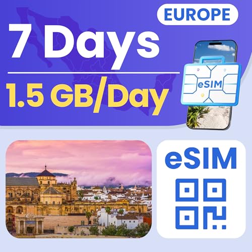 ESIM Cards for International Travel, Europe Prepaid eSIM 10.5GB, 7-Day Plan, 4G LTE 5G Speed, Hotspot Supported, eSIM with Instant Activation in 10 Minutes