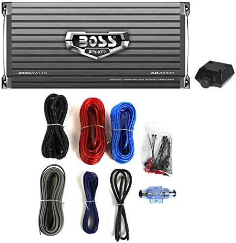 BOSS Audio AR2000M Armor 2000 Watt Monoblock Class Car Audio Amplifier with Bass Remote Control and KIT2 8 Gauge Amplifier Installation Kit