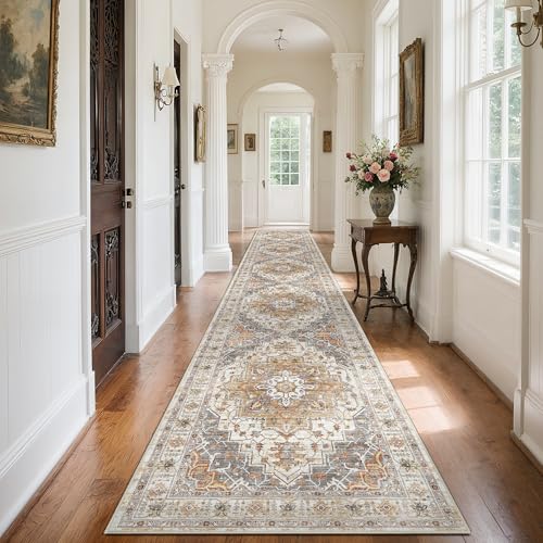 Madane 3x20 Hallway Runner Rug - Extra Long Carpet Runners for Hallways 20ft Non Slip Stain Resistant Rugs Runner for Living Room Bedroom 20 Feet Distressed Floor Carpet for Kitchen, Turmeric/Grey