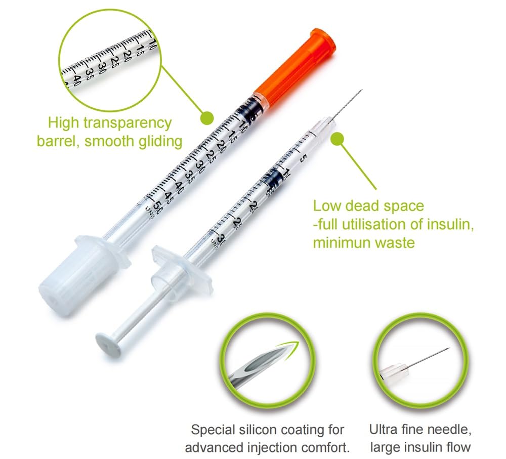 Sterile 0,5 ml 30 G 8 mm Ultrafine, senza lattice, strumenti di misurazione multiuso in un sacchetto di 10 unità.