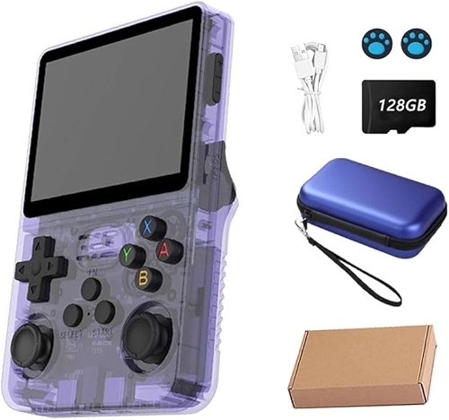 Console de video game portátil R36S Retro de 128 GB,r36s console portatil, mais de 39.000 jogos, r36s arkos, tela IPS de 3,5 polegadas,3500mAH,reprodutor de vídeo de bolso [linux] (Roxo)