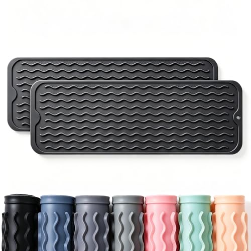 Image of 2 Pack Caketime Silicone Dish Drying Mat for Kitchen Counter Coffee Bar Easy to Clean Near Faucet Under Sink Bathroom Vanity Tray Small Gadgets Rack Home Decor Essentials 17 inchx6 inch Black