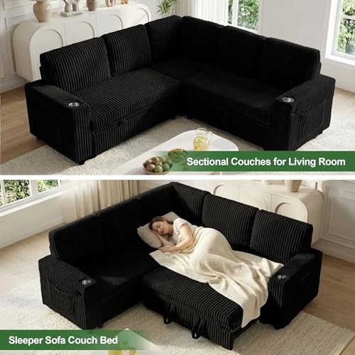 Image of Oversized Sectional Couch, L Shaped Corduroy Couch for Living Room, Sectional Sleeper Sofa with Pull Out Bed, Convertible Sofa Bed for Living Room, Bedroom and Apartment, Black