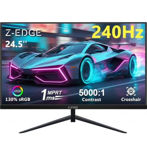 Z-Edge 24,5 Zoll 240Hz Gaming Monitor 1ms MPRT 1080P Full HD, 16:9 VA Panel, 350cd/m² Helligkeit, FreeSync, Fadenkreuz, HDMI & DisplayPort, VESA Kompatibel, Schwarz
