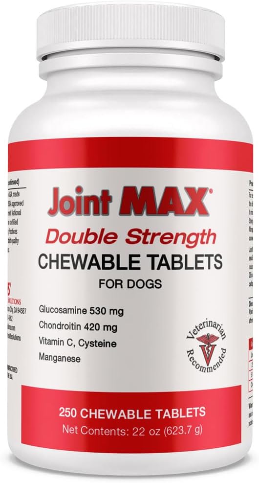 Double Strength Chewable Tablets for Dogs, Glucosamine, Chondroitin, Vitamins and Antioxidants - Hip and Joint Pain Relief - 250 Tablets