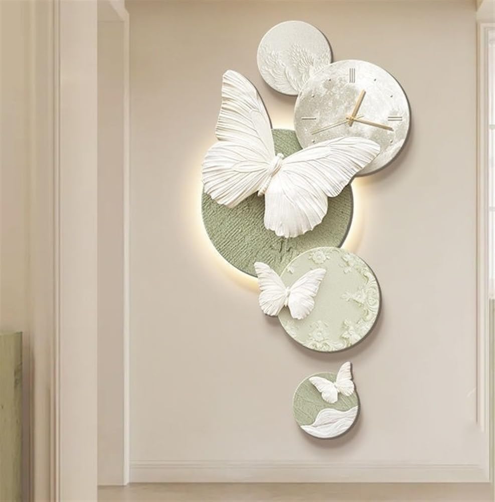 Wall Hanging Decor, Clock with Golden Pointer, Modern Butterfly Wall Art, 3D Wall Hanging Painting with LED Light for Bedroom, Living Room, Entrance Door(B,23.6 * 47.3in)