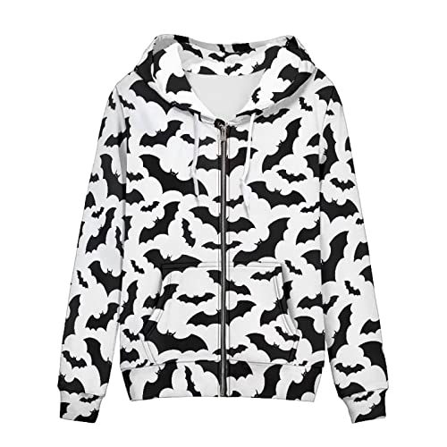 Belidome Kapuzenpullover mit Reißverschluss für Damen, Sweatshirt, Jacke, athletisches Fitnessstudio, T-Shirt, Halloween-Fledermäuse, 50