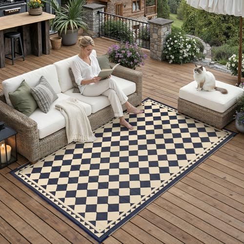 PureCozy Outdoor Rug Garden Rug for Patios Waterproof Reversible Outdoor Carpet Mat Plastic Straw UV Resistant Area Rugs for Patios Garden RV Picnic Backyard Balcony 120x180cm Black & Beige
