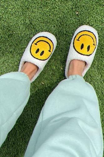 Smiley Face Slippers Warm Memory Foam Cute Soft Plush House Shoes Comfortable Indoor Flat Winter Slides Men, Women, Teens (Size 9-9.5 US Women) | Image 2