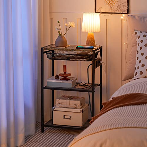 Hoobro Tall End Table With Charging Station, Industrial Telephone Table With Adjustable Metal Storage Basket, High Side Table Nightstand For Living Room, Bedroom, Office thumb #5