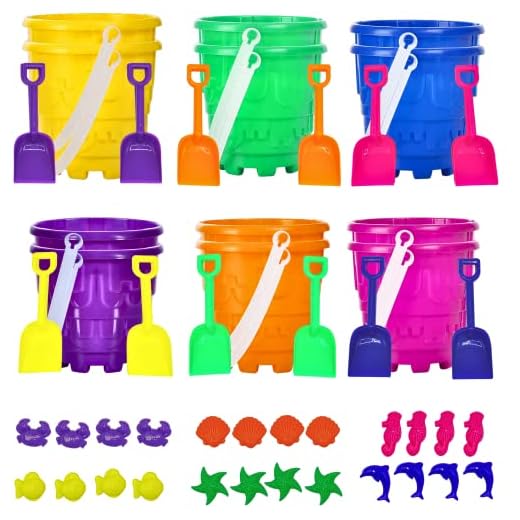 4E's Novelty 12 Sets Beach Toys - Includes 12 Sand Buckets, 12 Shovels, 24 Sand Molds for Kids - Small 5.75" Beach Buckets Bulk for Summer Party Favors, End of Year Student Gifts