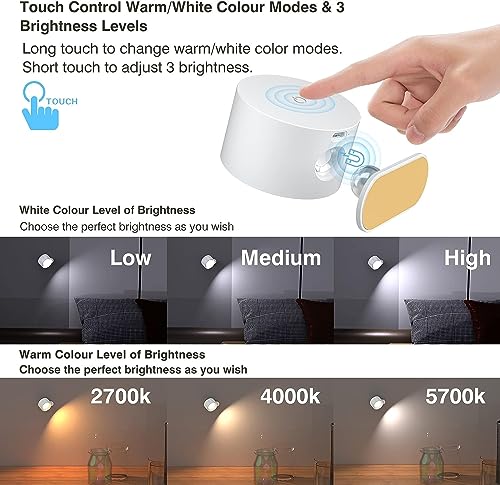 Image of Deyagoo LED Wall Sconce, Wall Mounted Lamp with Rechargeable Battery Operated 3 Color Temperature & 3 Brightness Level 360Rotate Magnetic Ball, Cordless Wall Light for Reading Bedside-White