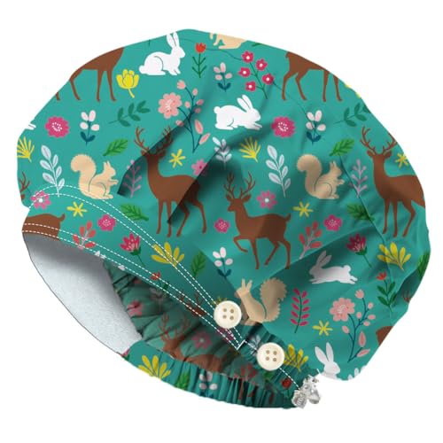 DELORIGIN Bohemian Flowers Animals Scrub Caps with 4 Buttons Cotton Nurse Cap Elastic Surgical Hats with Sweatband Chef Bouffant Scrub Cap for Women Men Vet Nurse Cleaning Head Cover One Size Fits All