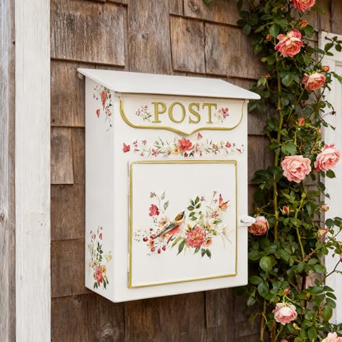 Image of Mailbox Wall Mount Mailboxes for Outside Vintage Mail Boxes for House Outside Metal Drop Box Antique Style Nostalgic Charm Home Decorative, Flower Pattern Pink