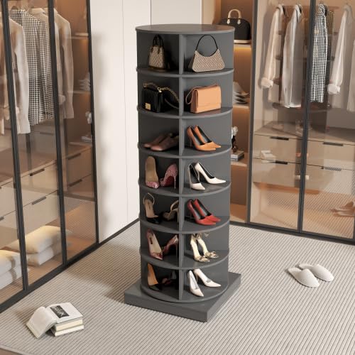 Image of HKLYRHIMO Rotating Storage Rack-American Design White-7-Tier Spinning Storage Rack,Free Standing 360 Revolving Shoe Organizer-for Bedroom,Livingroom,Hallway. (Gray,7-Tier with Base)