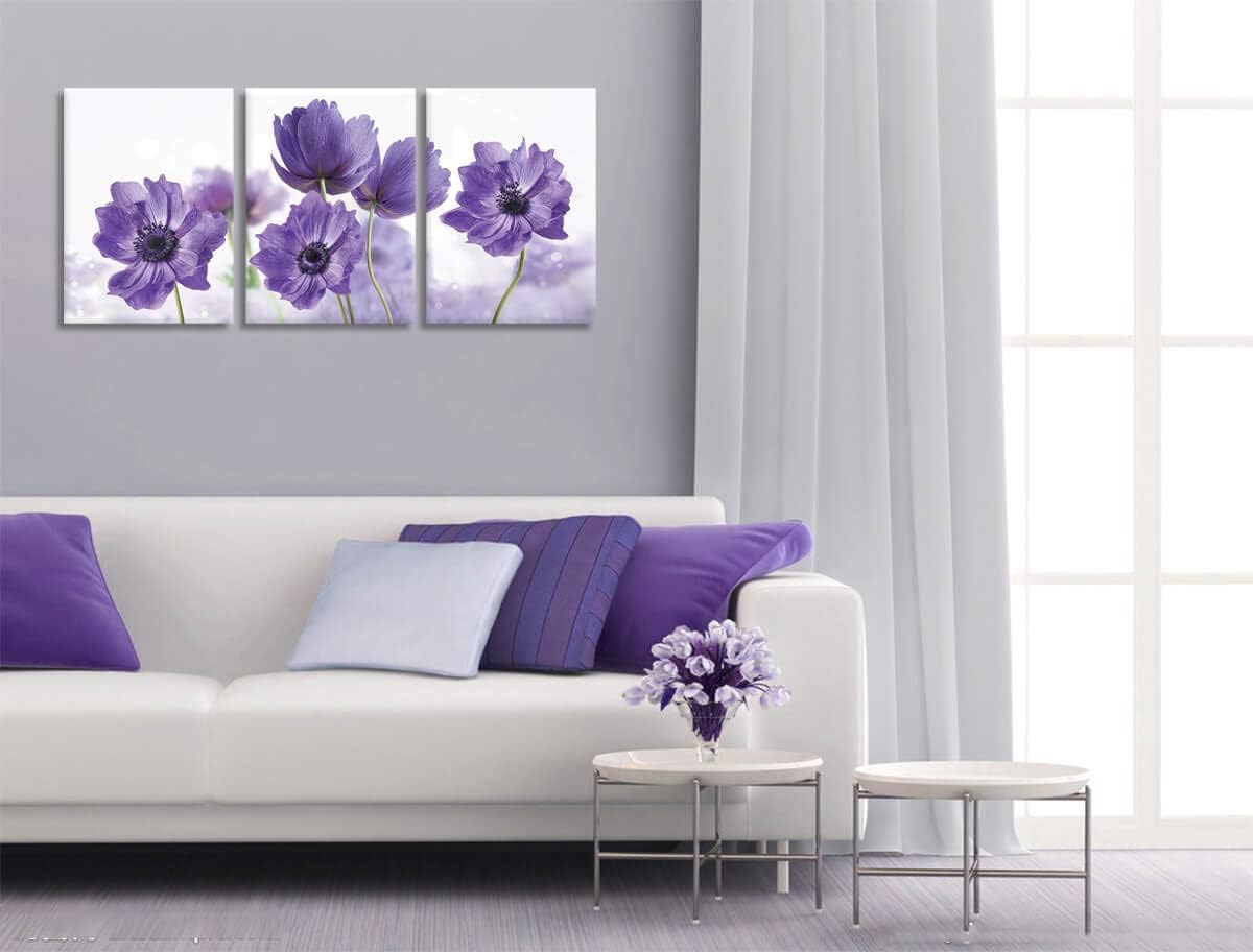 KAKEMONO 3 Piece Canvas Wall Art Set: Purple Flower Bloom Close Up Prints on Wooden Wrapped Canvas, Modern Minimalist Artwork for Bedroom, Kitchen, Living Room, Office