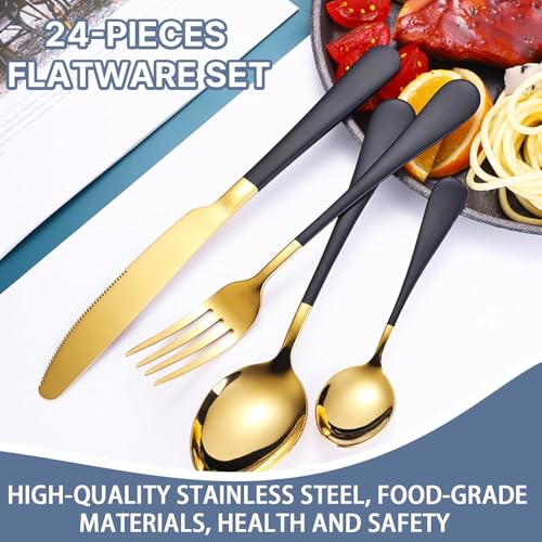 Image of 24 Pieces Flatware Set, Stainless Steel Cutlery Set with Silverware Holder, Modern Gold Silverware Set Includes Dinner Knives Forks Spoons,Hanging Silverware (Black)