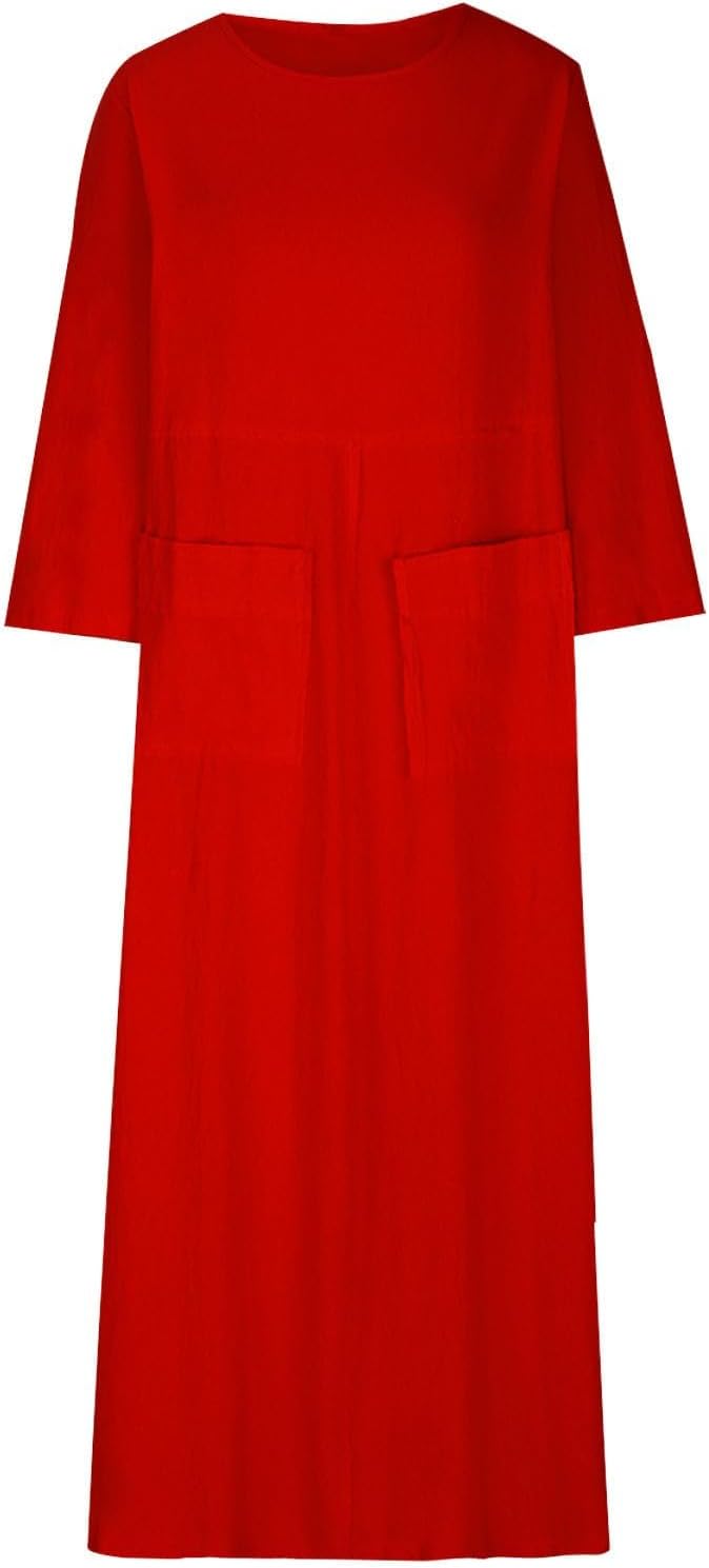 Patchwork Cotton Dress for Women Crew Neck Long Sleeve Maxi Dresses with Pockets Summer Fashion Casual Plus Size - Image 4