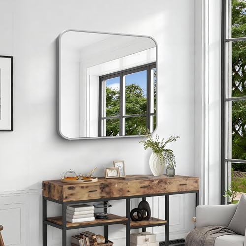 Image of Silver Bathroom Mirror, 36 x 36 Inch Square Mirrors for Wall, Aluminum Metal Framed Vanity Mirror, Rounded Corner Wall Mounted Mirror for Over Sinks Living Room Bedroom Entryway