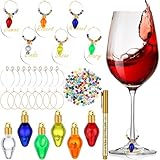 Tondiamo 50 Set DIY Christmas Charms for Stem Glasses Xmas Light Bulb Wine Charm Craft Kit Round Acrylic Blank Wine Markers Colorful Beads Holiday Charms Gift for Xmas Church Tasting Party Birthday