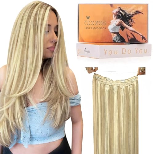 Image of DOORES Wire Hair Extensions 18 Inch 95 g Remy Human Wire Hair Extensions Invisible Transparent Line Adjustable Hairpieces Secret Balayage Light Blonde Highlighted Golden Blonde
