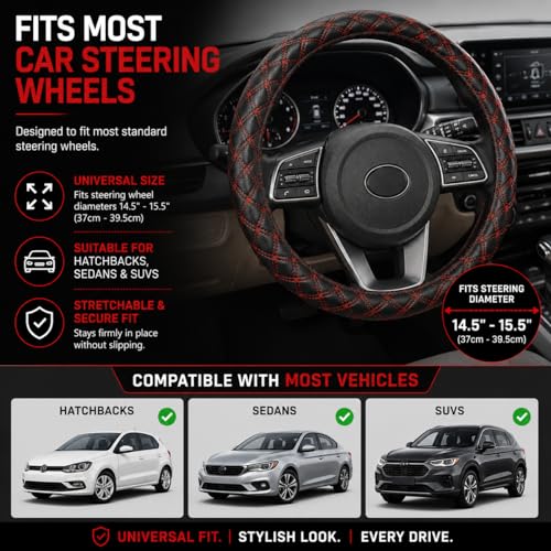 Image of Car Steering Wheel Cover for Car, Premium Leatherette Steering Cover, Anti-Slip Grip, Sweat Resistant, Comfortable Hold, Easy Install, Black-Red for Tata Punch