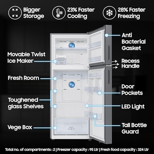 Image of Samsung 419 L, 2 Star, Digital Inverter, Frost Free Double Door, WiFi Enabled Bespoke AI Refrigerator (RT45DB6A4B22HL, Clean Black)
