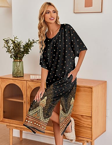Image of Ekouaer Women's Nightgown Short Sleeve Sleepshirt Long Loungewear Casual Maxi Lounge Dress House Dresses with Pockets