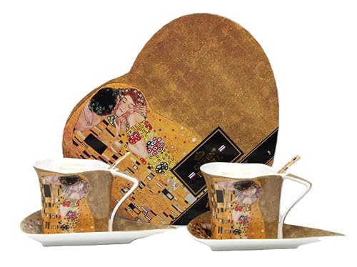 2 Tassen 2 Unterteller 2 Löffel aus Porzellan Gustav Klimt Motive - der Kuss Limited Edition