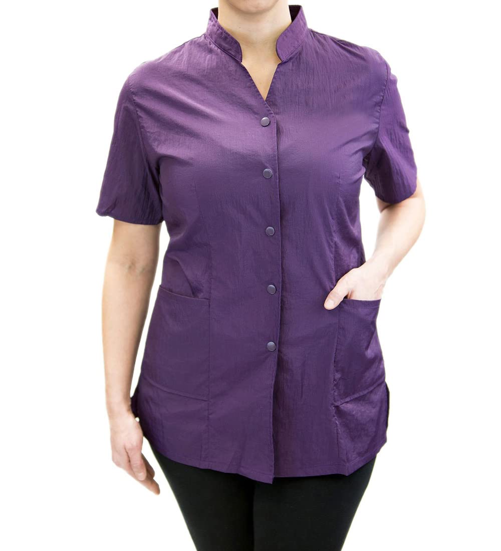 Anna Jacket Short-Sleeve Uniform for Stylist Barber Groomer Nail Tech Skin Care Makeup Artist Smocks (XL, Purple)
