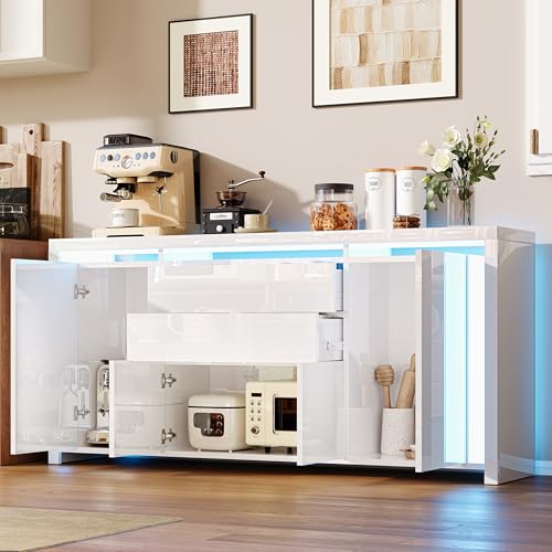 Aparador moderno de salón 160 x 35 x 75 cm con LED, mueble de almacenamiento con 2 cajones y 4 puertas, aparador brillante, moderno, cómoda, salón, luminoso, aparador, comedor, cocina, color blanco y