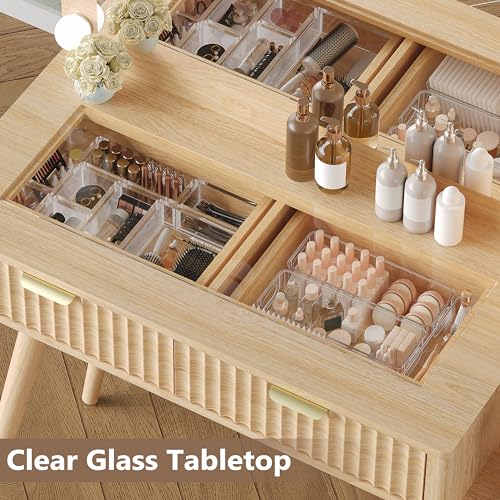 Image of Makeup Vanity Desk with Mirror and Lights, 45 inch Fluted Wood Vanity Desk with Glass Top, 5 Drawers & RGB Glass Cabinet, Power Outlet, Mid Century Modern Dressing Table Set for Women Girls Bedroom