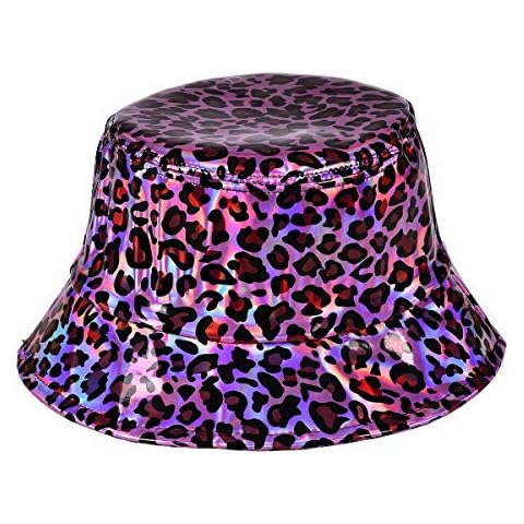 BFD One Holographic Bucket Hat Shiny Metallic PVC Bucket Hat Silver Gold Green Pink Leopard Print Snake Zebra Mens Womens Sun Hat One Size Wipe Clean Shiny Unisex Hologram (Pink Leopard) Cover
