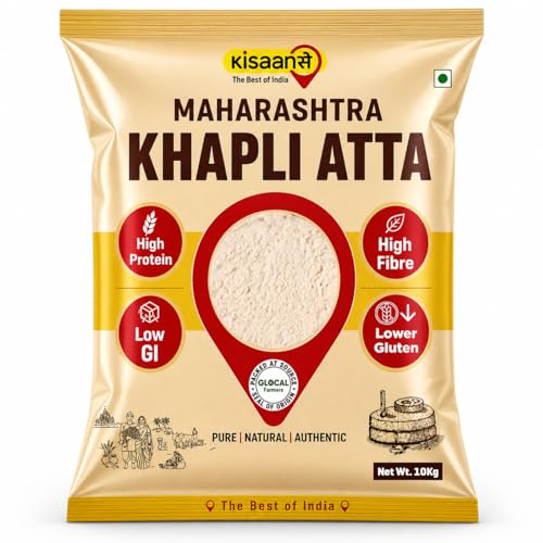 Image of KisaanSay Maharashtra Khapli Atta (10 KG) | Tradtionally Stone Chakki Ground | Stoneground High Protein Atta | Low Gluten Emmer Wheat Flour | High in Fibre & Easy to Digest Khapli Wheat Atta | Nutrient-Rich & Low GI Flour for Softer Rotis