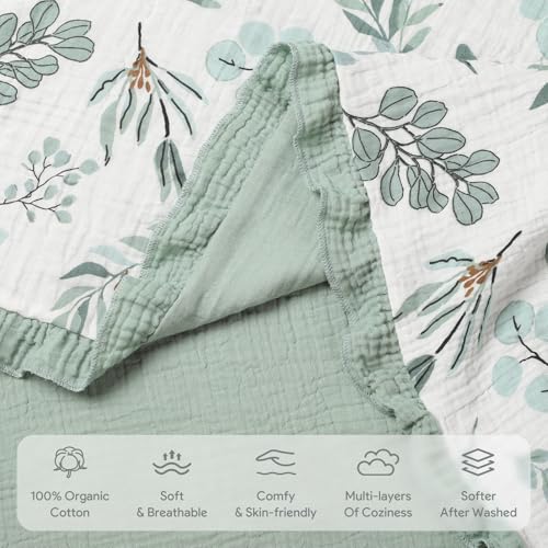 Image of Organic Baby Blanket Flounce Edge Large 50 inchx43 inch Leaf Sagegreen, 100% Cotton Muslin Soft Breathable Toddler Quilt Crib Blankets Gender Neutral for Baby Boys Girls Bassinet, Bed, Stroller & Snuggling