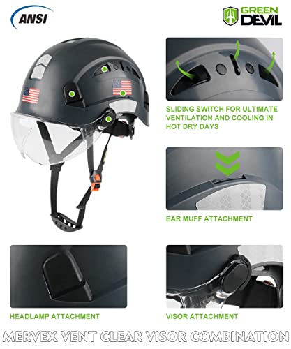 Green Devil Safety Helmet Hard Hat With Visor Chinstrap Adjustable Lightweight Vented Abs Work Helmet For Men And Women 6-Point Suspension Ansi Z89.1 Approved Ideal For Industrial & Construction #TOP2