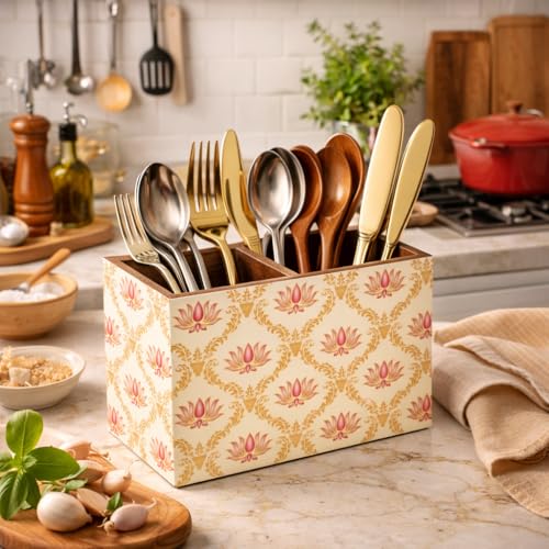 Image of Wooden Cutlery Stand with 2 Sections - Spoon Stand for Kitchen & Dining Table Organizer (10x16x12 cm) - White Flower Print | Multipurpose cutlery holder for dining table, Chammach Stand