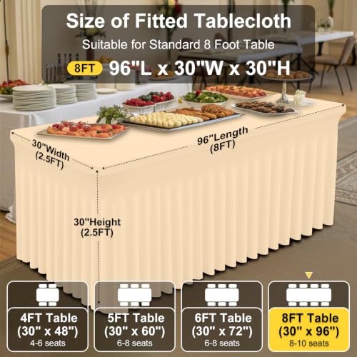 Image of Smiry Spandex Elastic Fitted Table Cloth Skirt for 8FT Rectangle Table | Stretch Washable Table Cloth, Banquet Table Cover for Wedding, Party, Indoor & Trade Shows, (Ivory, 96Lx30Wx30H)