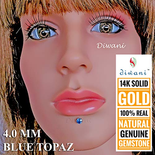 Diwani 14K Gold 4.0Mm Natural Blue Topaz Gemstone Engagement Wedding Nose Lip Labret Monroe Body Piercing Ring Stud Pin Screw (0.230 Cents, Color- Blue) 18 Gauge Thick 8.0Mm Length Screw Back Post #TOP3