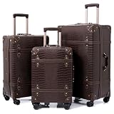 NZBZ Vintage Luggage Sets for Women, PU Leather Retro Suitcase, Vintage Trunk Luggage, Vintage Suitcase Set (Brown Crocodile-embossed, 20inch & 24inch & 28inch)