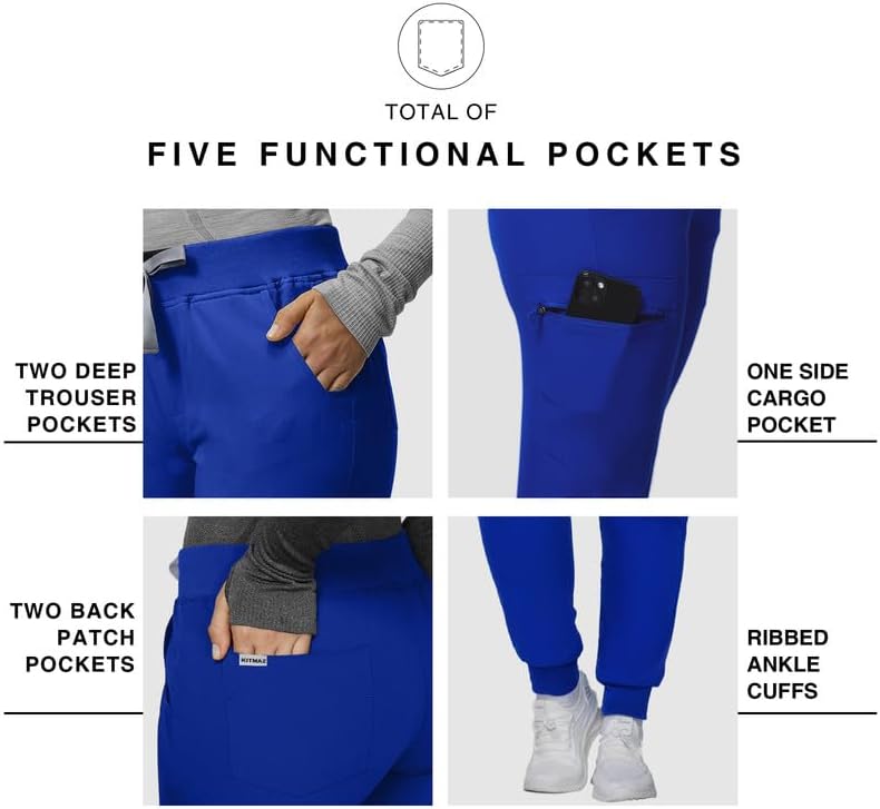 Kitmaz Scrub Pants for Women - Mid Rise 4-Way Stretch Anti-Wrinkle Slim Fit Jogger Pants, Drawstring & 5 Pockets Royal Blue