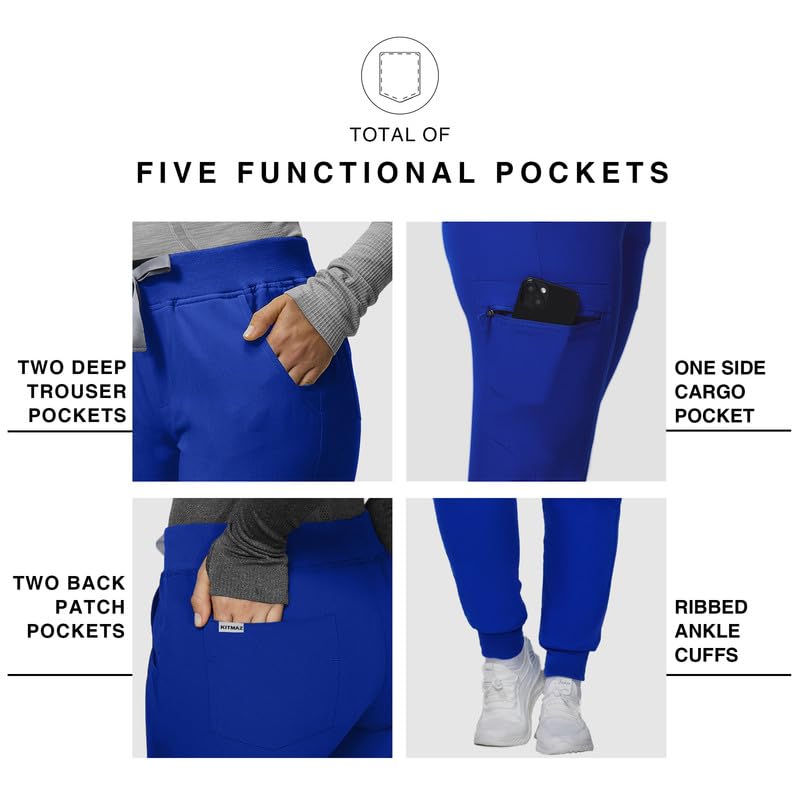 Image of Kitmaz Scrub Pants for Women - Mid Rise 4-Way Stretch Anti-Wrinkle Slim Fit Jogger Pants, Drawstring & 5 Pockets