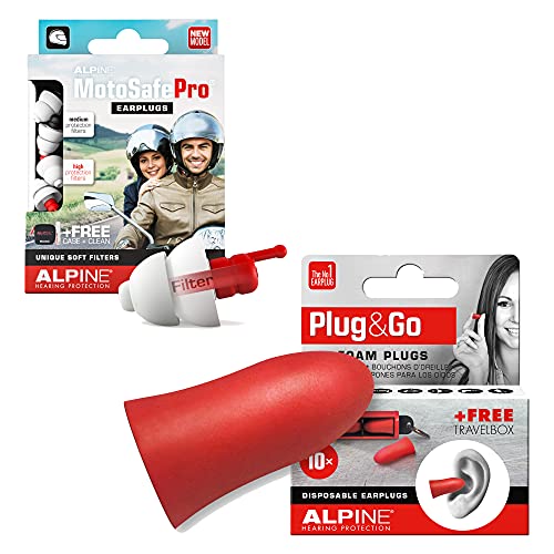 Alpine MotoSafe Pro + Plug&Go - Wind Noise Reduction & Premium Hearing Protection - Sleeping/Study/Work earplugs - Reduce Snoring and Improve Sleep - Soft Motorbike Earplugs Set - Hypoallergenic