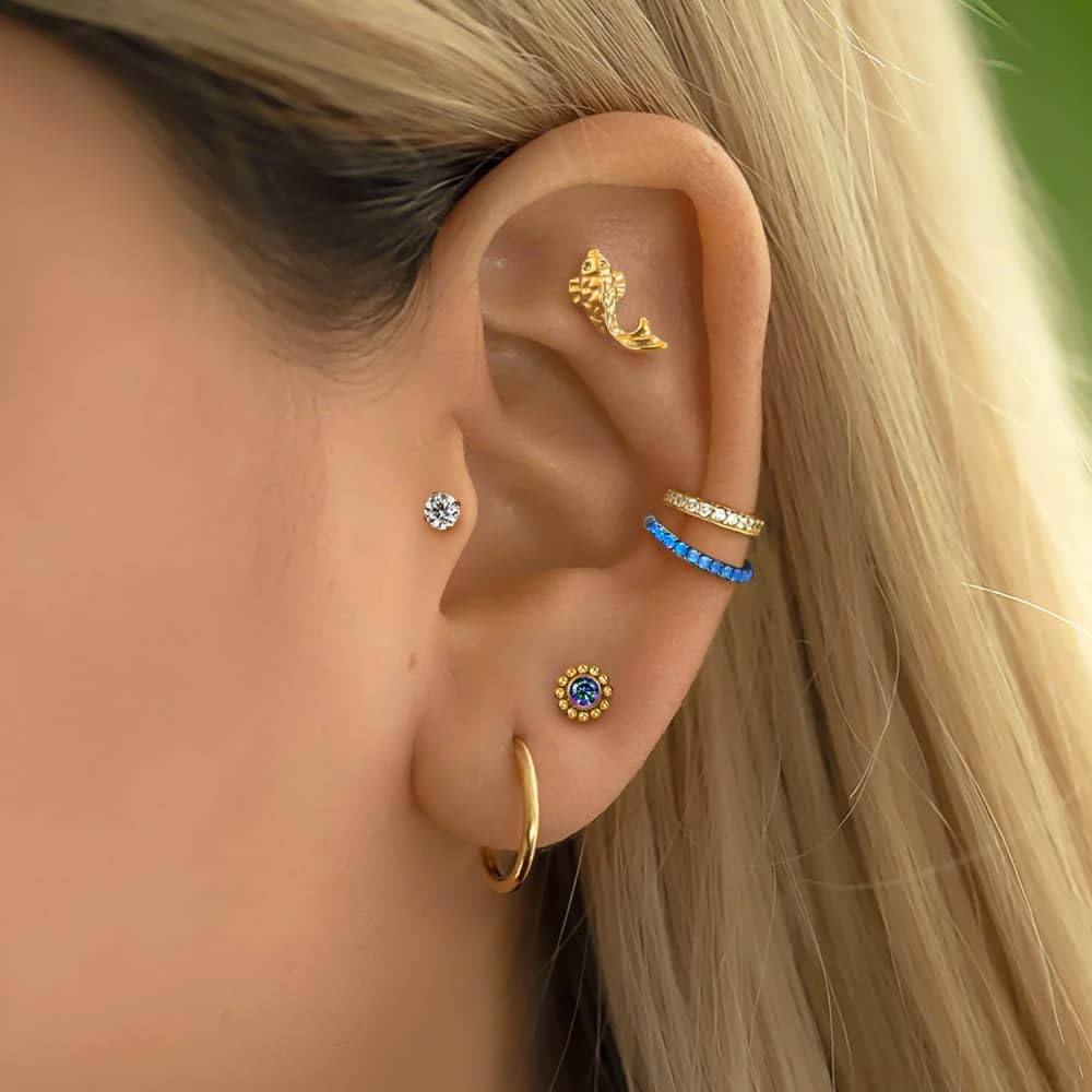 1 Pair ASTM F136 Titanium 16G Fish 2# Threadless Flatback Piercing Ear Stud for Nose, Labret, Tragus, Helix, Conch with Post- Cartilage Earring Body Piercing Jewelry